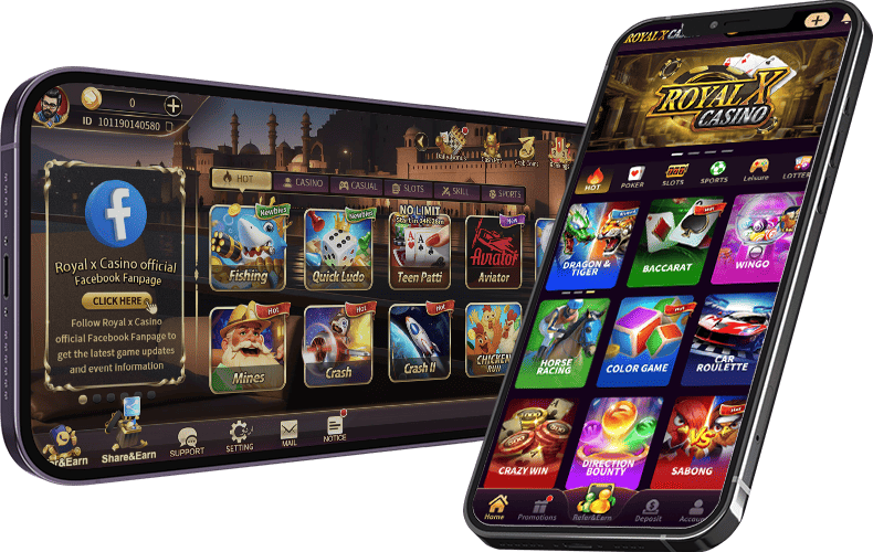 Royal x Casino - Real Money Games for Mobile Devices (Portrait and Landscape Modes), showing the interface of the Royal x Casino game lobby on both portrait and landscape mobile screens.